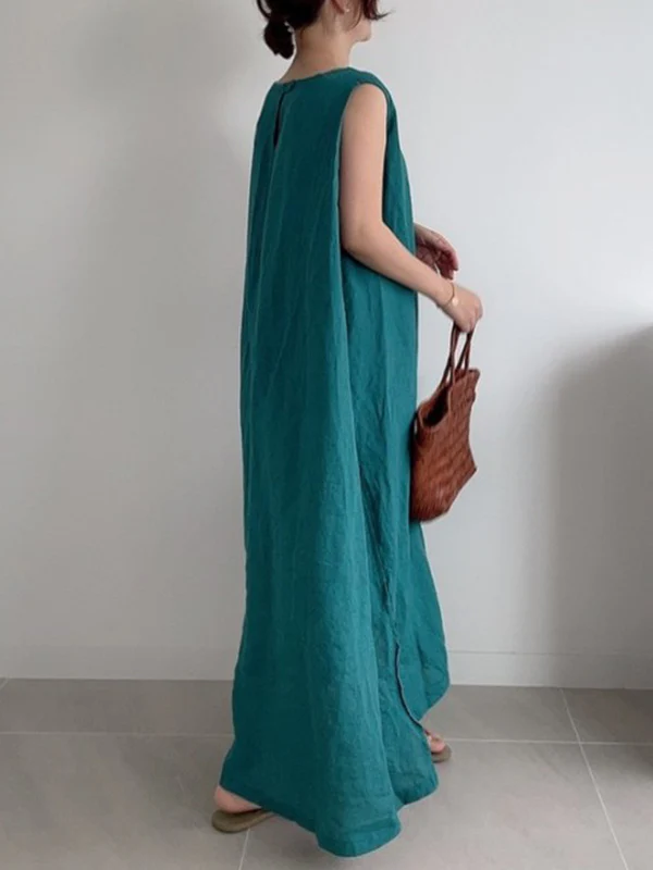 Casual Simple Solid Color Split-Side Round-Neck Sleeveless Midi Dress - Image 14