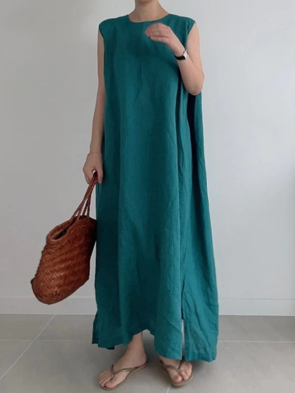 Casual Simple Solid Color Split-Side Round-Neck Sleeveless Midi Dress - Image 2