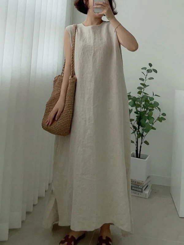 Casual Simple Solid Color Split-Side Round-Neck Sleeveless Midi Dress - Image 3