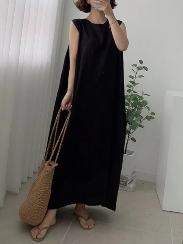 Casual Simple Solid Color Split-Side Round-Neck Sleeveless Midi Dress - Image 4