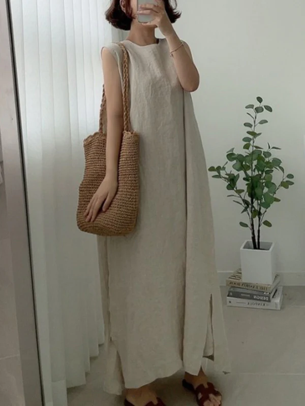 Casual Simple Solid Color Split-Side Round-Neck Sleeveless Midi Dress - Image 5