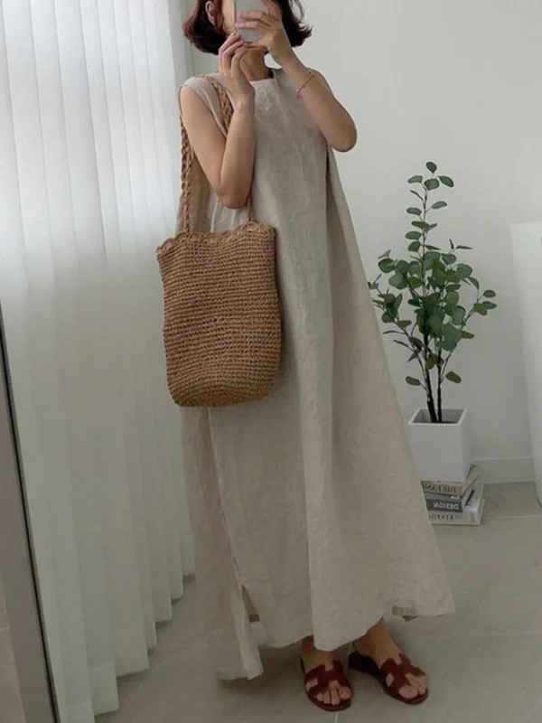 Casual Simple Solid Color Split-Side Round-Neck Sleeveless Midi Dress - Image 6
