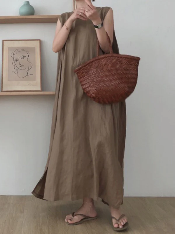 Casual Simple Solid Color Split-Side Round-Neck Sleeveless Midi Dress - Image 7
