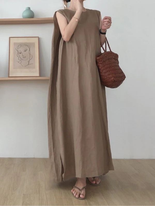 Casual Simple Solid Color Split-Side Round-Neck Sleeveless Midi Dress - Image 8