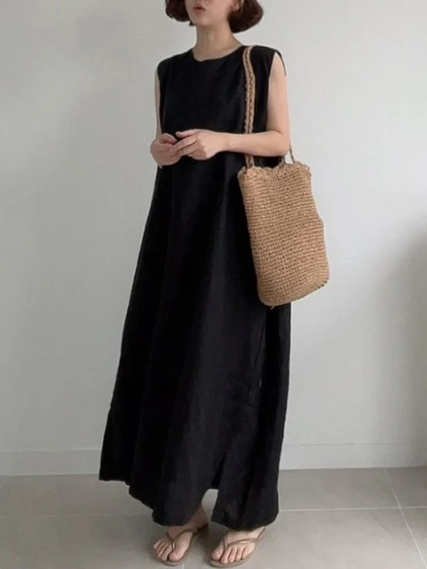 Casual Simple Solid Color Split-Side Round-Neck Sleeveless Midi Dress - Image 9