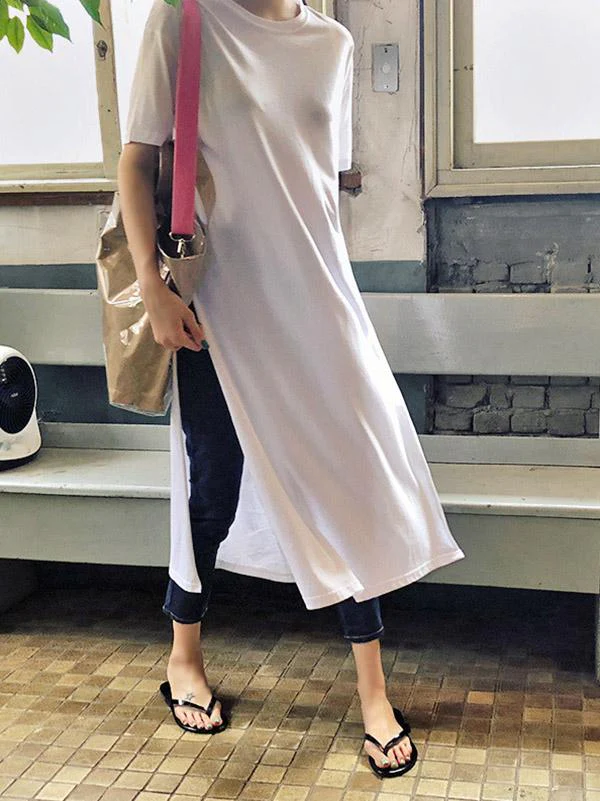 Casual Simple Split-Side Designed Long T-Shirt - Image 2