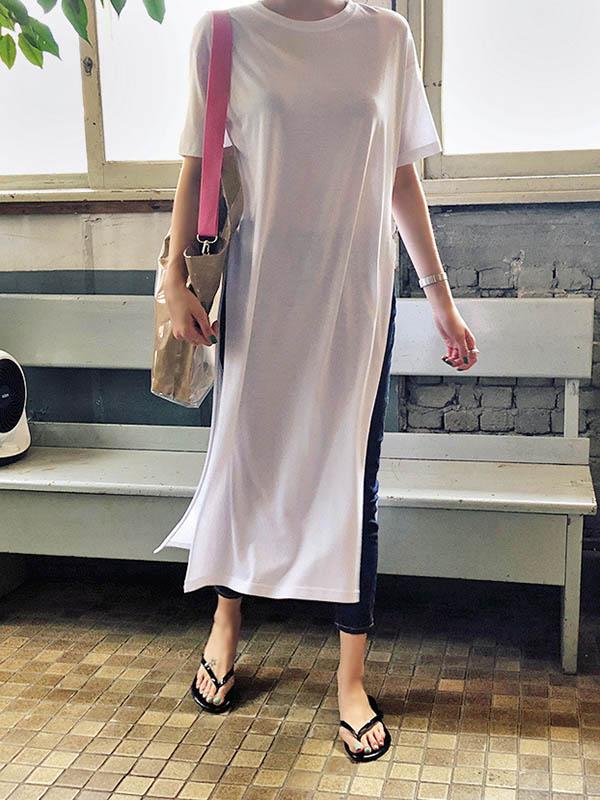 Casual Simple Split-Side Designed Long T-Shirt - Image 3