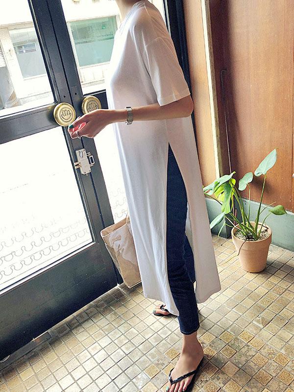 Casual Simple Split-Side Designed Long T-Shirt - Image 4