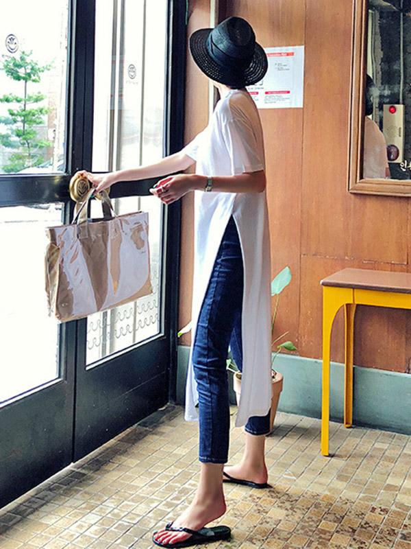 Casual Simple Split-Side Designed Long T-Shirt - Image 6
