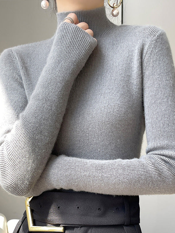 Casual Skinny Long Sleeves Solid Color Half Turtleneck Sweater Tops - Image 10