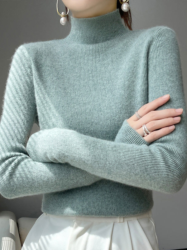 Casual Skinny Long Sleeves Solid Color Half Turtleneck Sweater Tops - Image 11