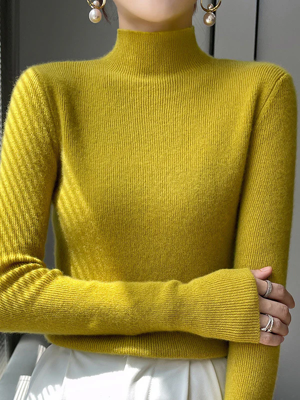 Casual Skinny Long Sleeves Solid Color Half Turtleneck Sweater Tops - Image 12