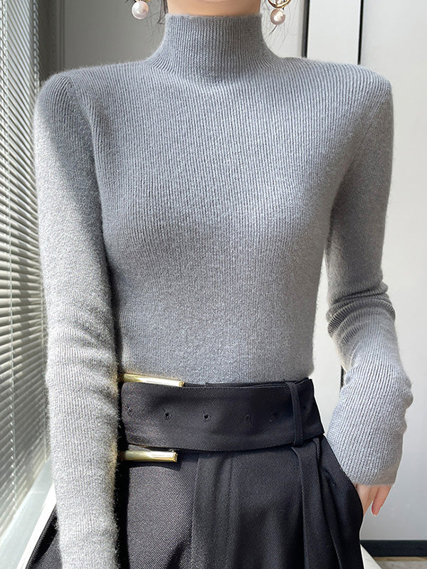 Casual Skinny Long Sleeves Solid Color Half Turtleneck Sweater Tops - Image 13
