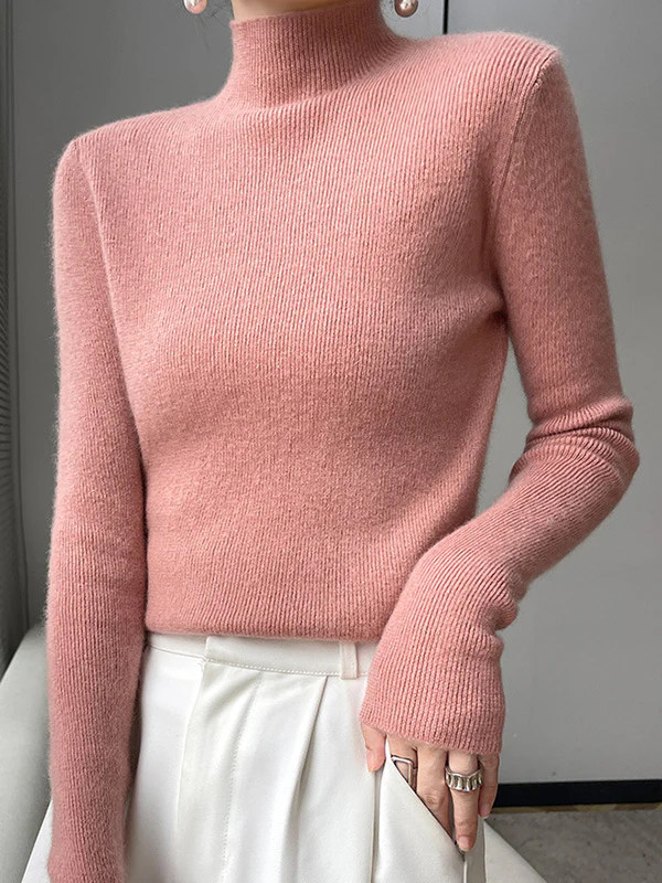 Casual Skinny Long Sleeves Solid Color Half Turtleneck Sweater Tops - Image 14