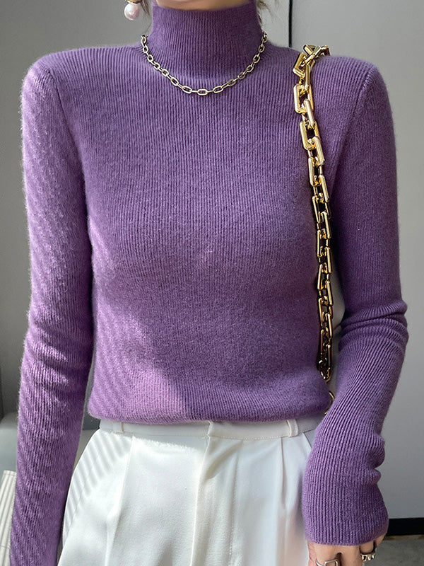 Casual Skinny Long Sleeves Solid Color Half Turtleneck Sweater Tops - Image 15