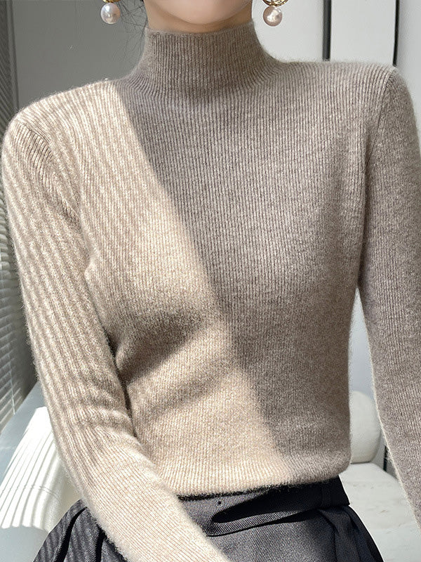 Casual Skinny Long Sleeves Solid Color Half Turtleneck Sweater Tops - Image 18