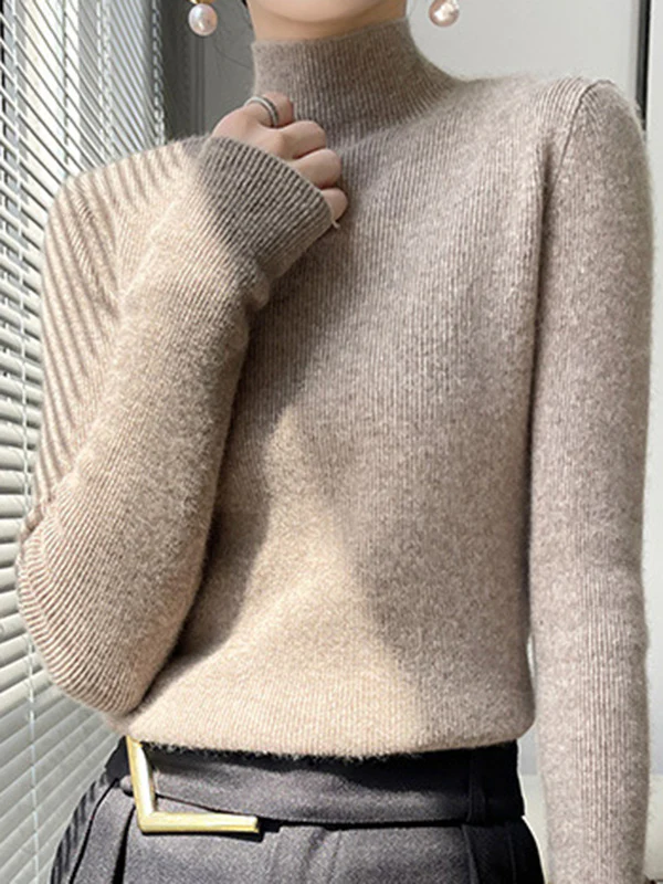 Casual Skinny Long Sleeves Solid Color Half Turtleneck Sweater Tops - Image 19