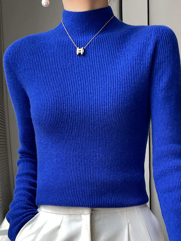 Casual Skinny Long Sleeves Solid Color Half Turtleneck Sweater Tops - Image 2