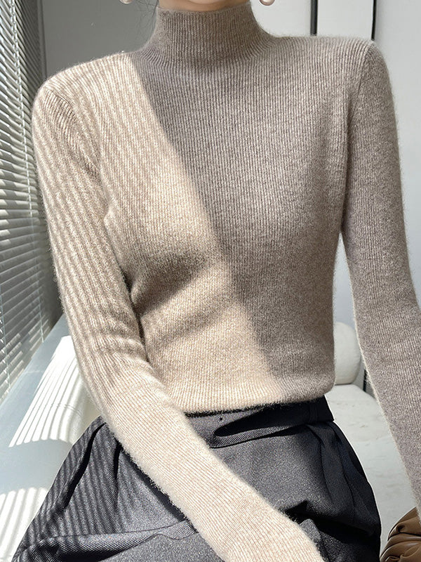 Casual Skinny Long Sleeves Solid Color Half Turtleneck Sweater Tops - Image 20