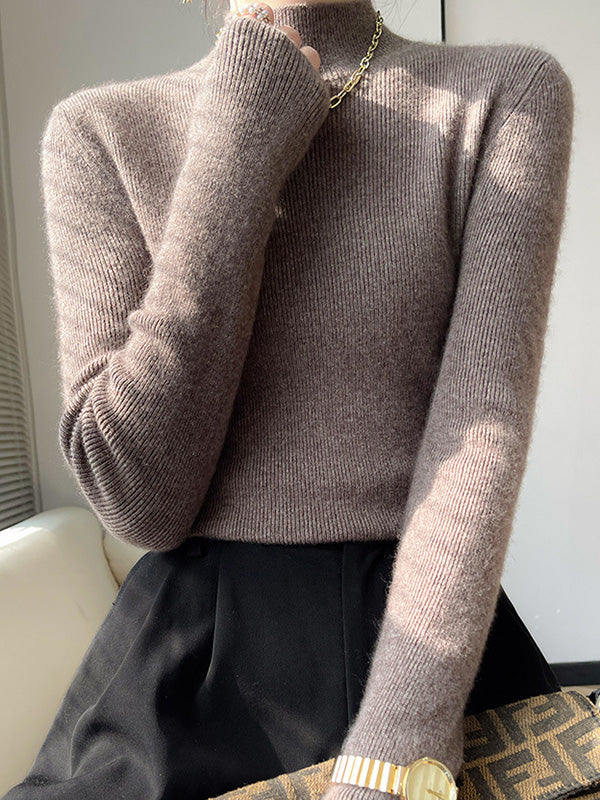 Casual Skinny Long Sleeves Solid Color Half Turtleneck Sweater Tops - Image 21