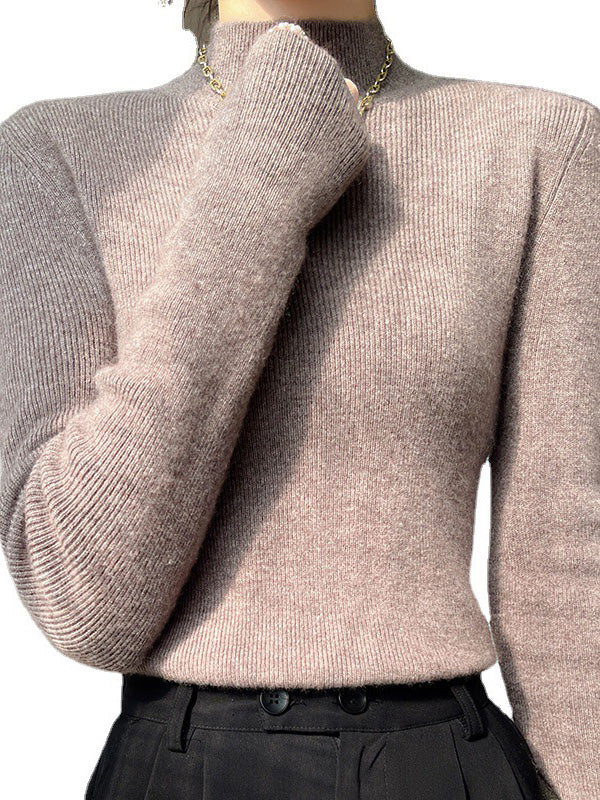 Casual Skinny Long Sleeves Solid Color Half Turtleneck Sweater Tops - Image 22