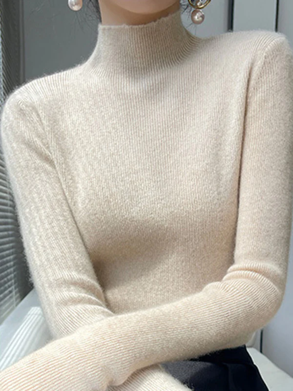 Casual Skinny Long Sleeves Solid Color Half Turtleneck Sweater Tops - Image 23
