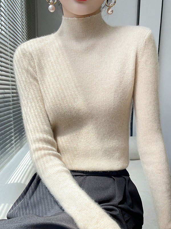 Casual Skinny Long Sleeves Solid Color Half Turtleneck Sweater Tops - Image 25