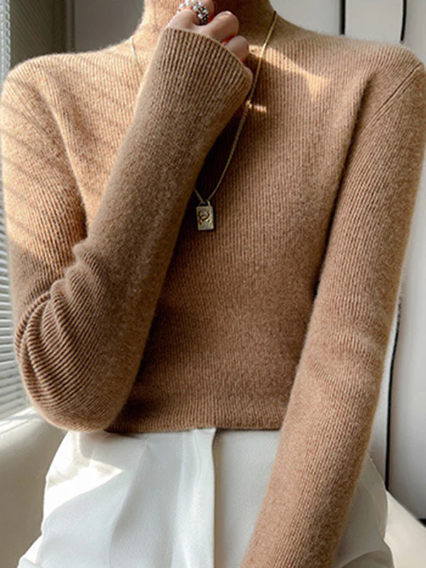 Casual Skinny Long Sleeves Solid Color Half Turtleneck Sweater Tops - Image 26