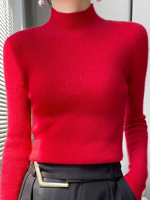 Casual Skinny Long Sleeves Solid Color Half Turtleneck Sweater Tops - Image 28
