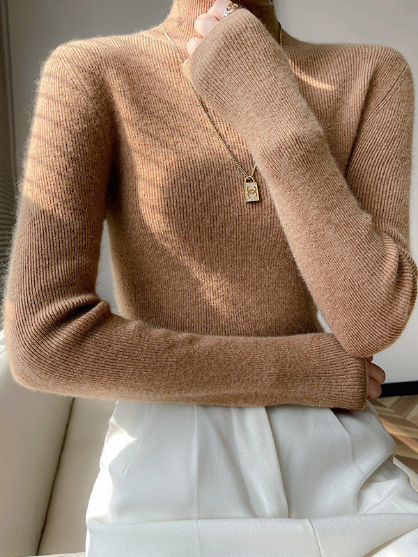 Casual Skinny Long Sleeves Solid Color Half Turtleneck Sweater Tops - Image 3