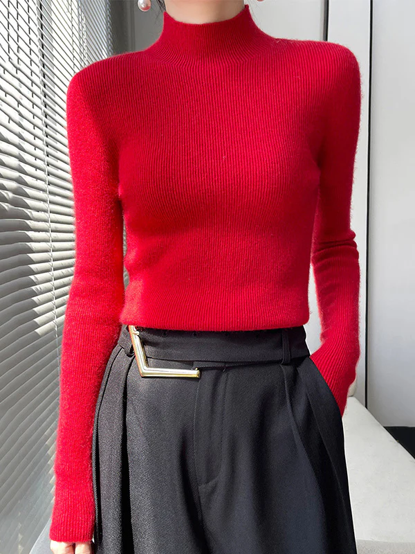 Casual Skinny Long Sleeves Solid Color Half Turtleneck Sweater Tops - Image 30