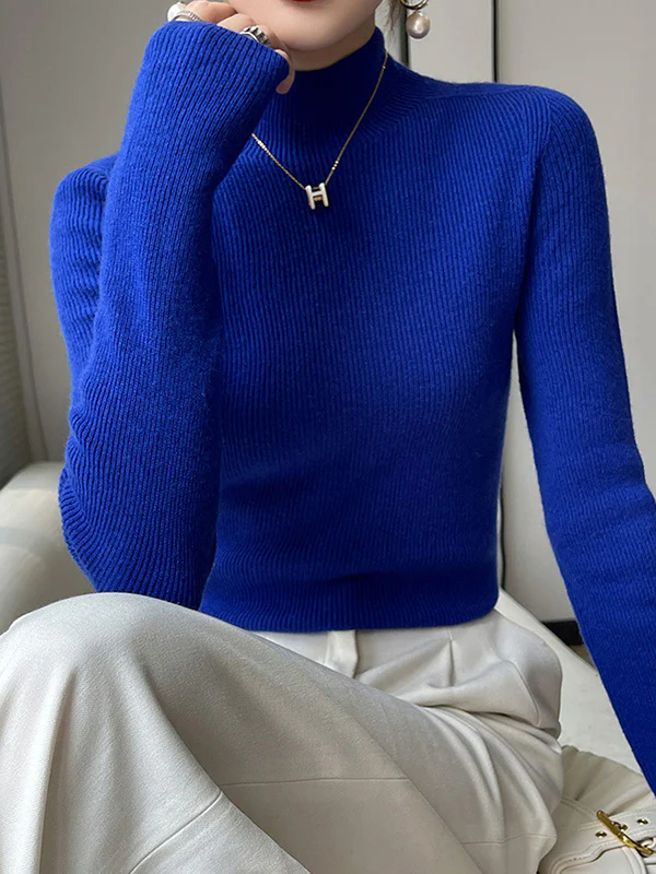 Casual Skinny Long Sleeves Solid Color Half Turtleneck Sweater Tops - Image 31