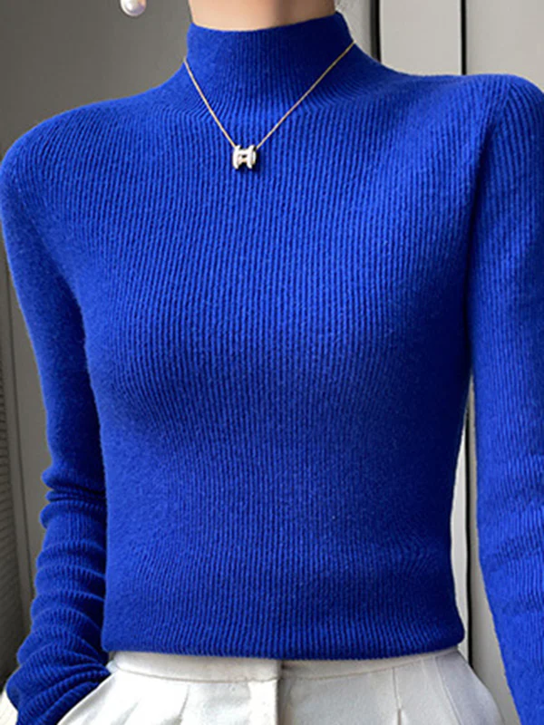 Casual Skinny Long Sleeves Solid Color Half Turtleneck Sweater Tops - Image 32
