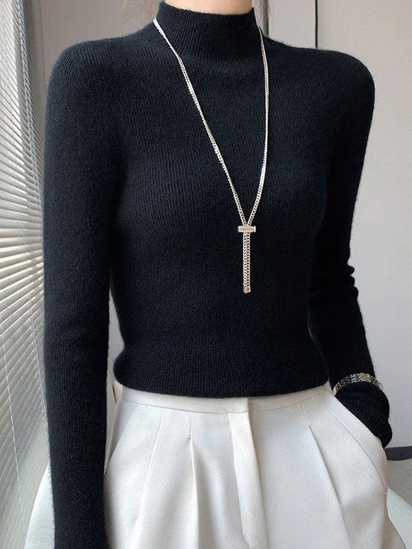 Casual Skinny Long Sleeves Solid Color Half Turtleneck Sweater Tops - Image 35