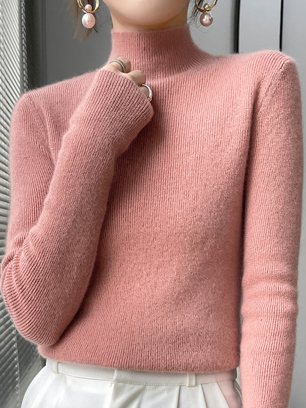 Casual Skinny Long Sleeves Solid Color Half Turtleneck Sweater Tops - Image 37