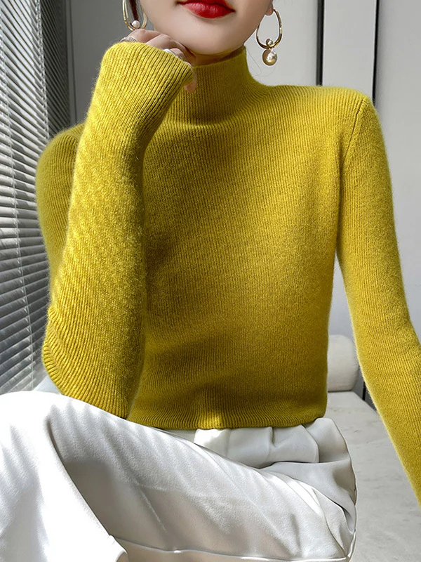 Casual Skinny Long Sleeves Solid Color Half Turtleneck Sweater Tops - Image 38