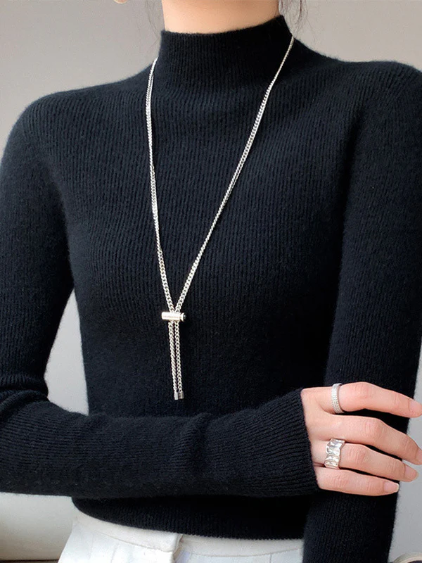 Casual Skinny Long Sleeves Solid Color Half Turtleneck Sweater Tops - Image 4