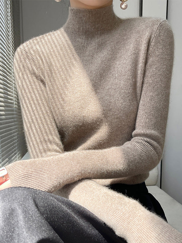 Casual Skinny Long Sleeves Solid Color Half Turtleneck Sweater Tops - Image 5