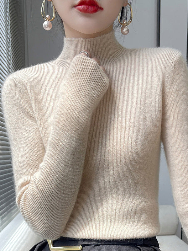 Casual Skinny Long Sleeves Solid Color Half Turtleneck Sweater Tops - Image 7