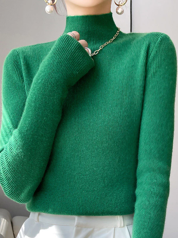Casual Skinny Long Sleeves Solid Color Half Turtleneck Sweater Tops - Image 9