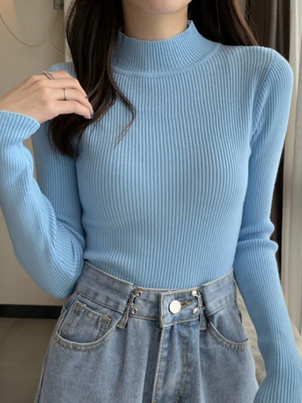 Casual Skinny Long Sleeves Solid Color High-Neck Sweater Tops - Image 13