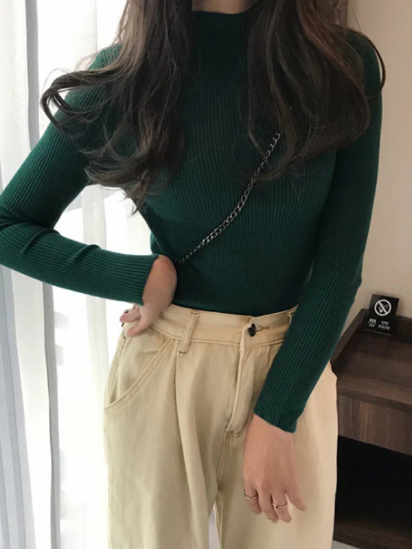 Casual Skinny Long Sleeves Solid Color High-Neck Sweater Tops - Image 15