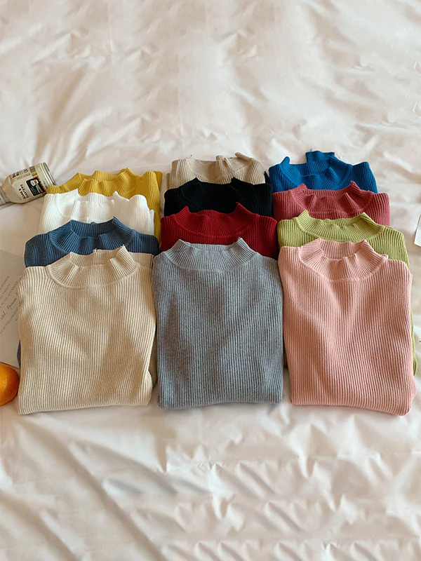 Casual Skinny Long Sleeves Solid Color High-Neck Sweater Tops - Image 18