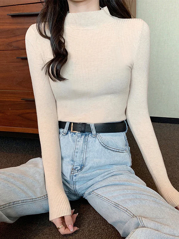 Casual Skinny Long Sleeves Solid Color High-Neck Sweater Tops - Image 6