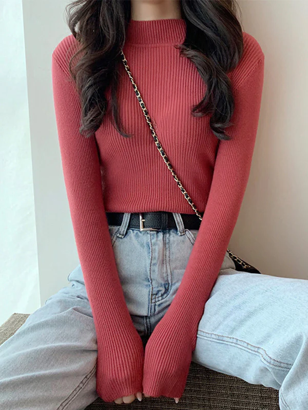 Casual Skinny Long Sleeves Solid Color High-Neck Sweater Tops - Image 9