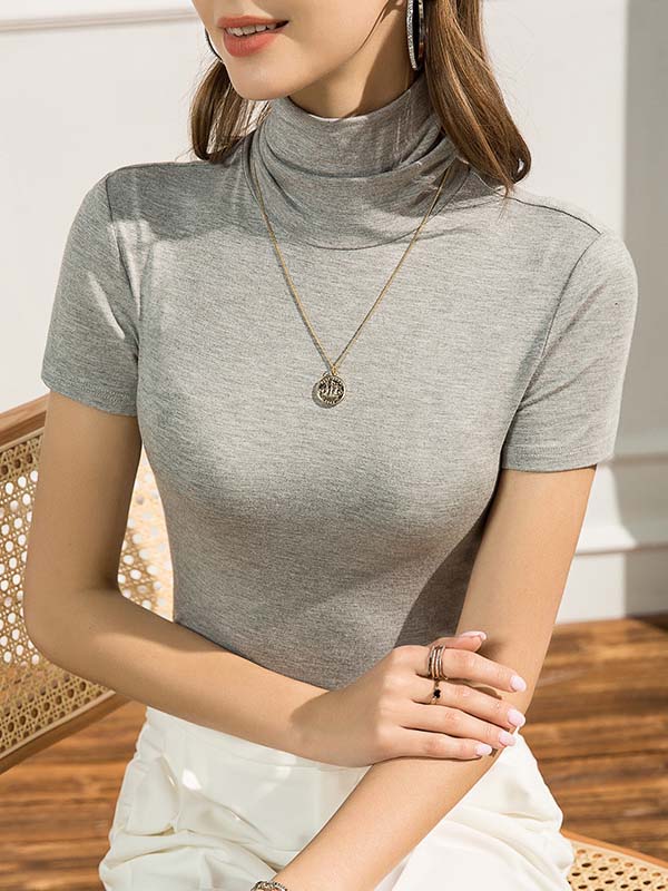 Casual Skinny Short Sleeves Solid Color High-Neck T-Shirts Tops - Image 2