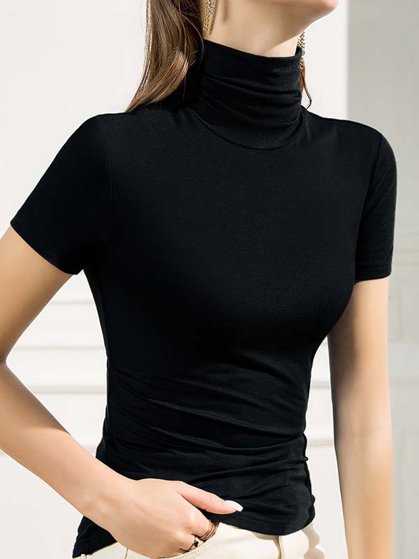 Casual Skinny Short Sleeves Solid Color High-Neck T-Shirts Tops - Image 5