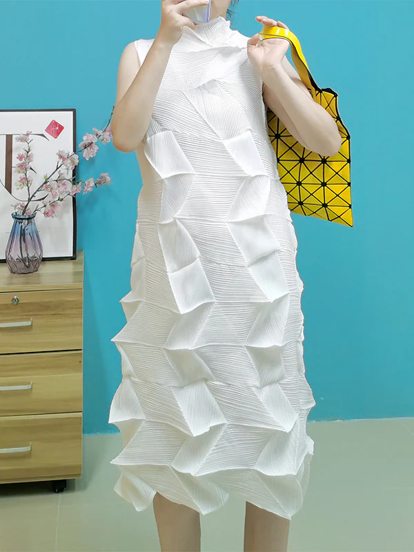 Casual Sleeveless Irregularity Pleated Solid Color Stand Collar Midi Dresses - Image 10