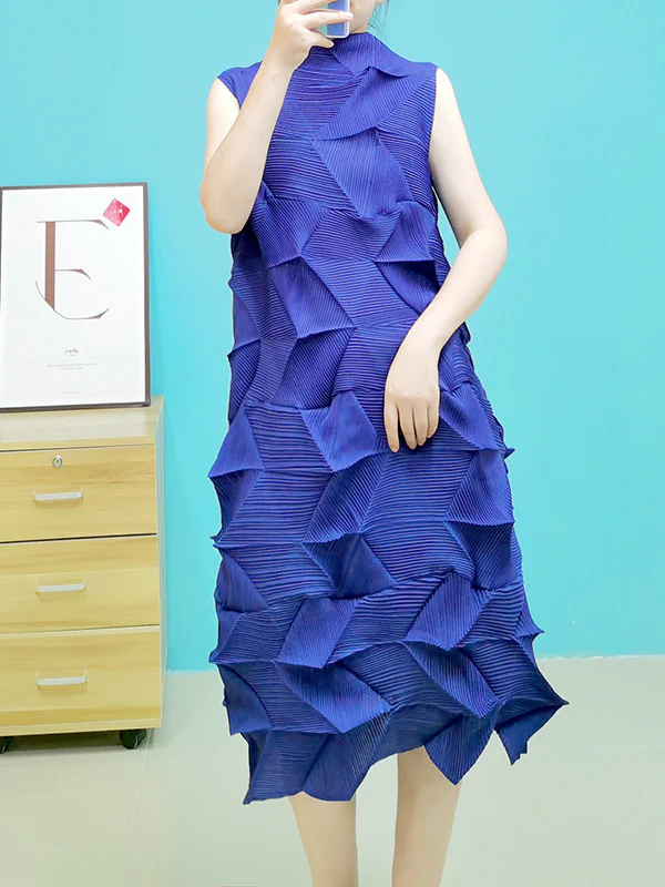 Casual Sleeveless Irregularity Pleated Solid Color Stand Collar Midi Dresses - Image 6