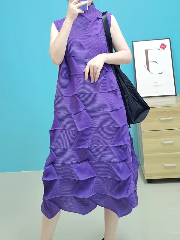 Casual Sleeveless Irregularity Pleated Solid Color Stand Collar Midi Dresses - Image 7